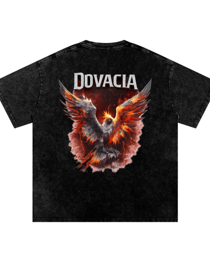 Black t-shirt with a phoenix design and 'DOVACIA' branding on a white background