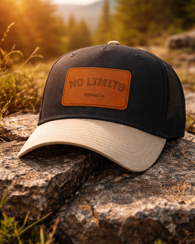 Leather Patch Baseball Cap — "No Limits" Mid-Profile Cotton Trucker Hat