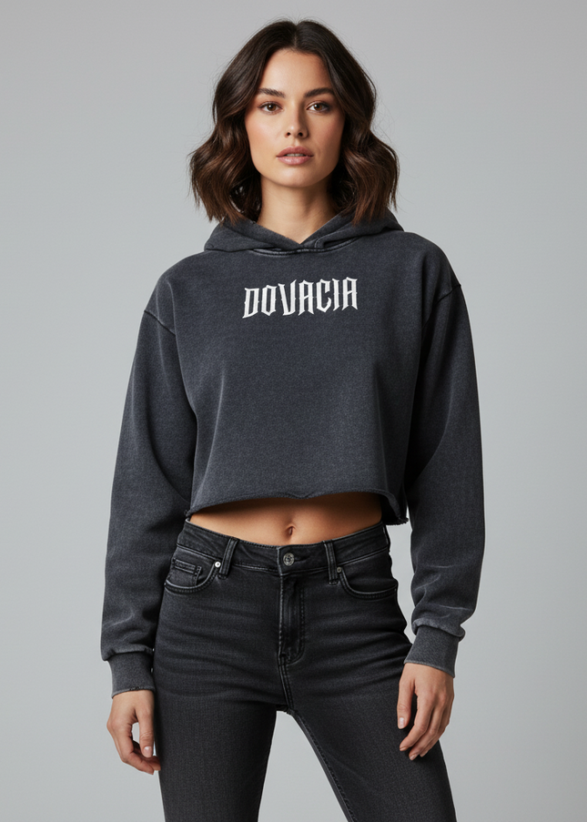 Woman wearing a dark gray hoodie with 'DOVACIA' logo on a gray background