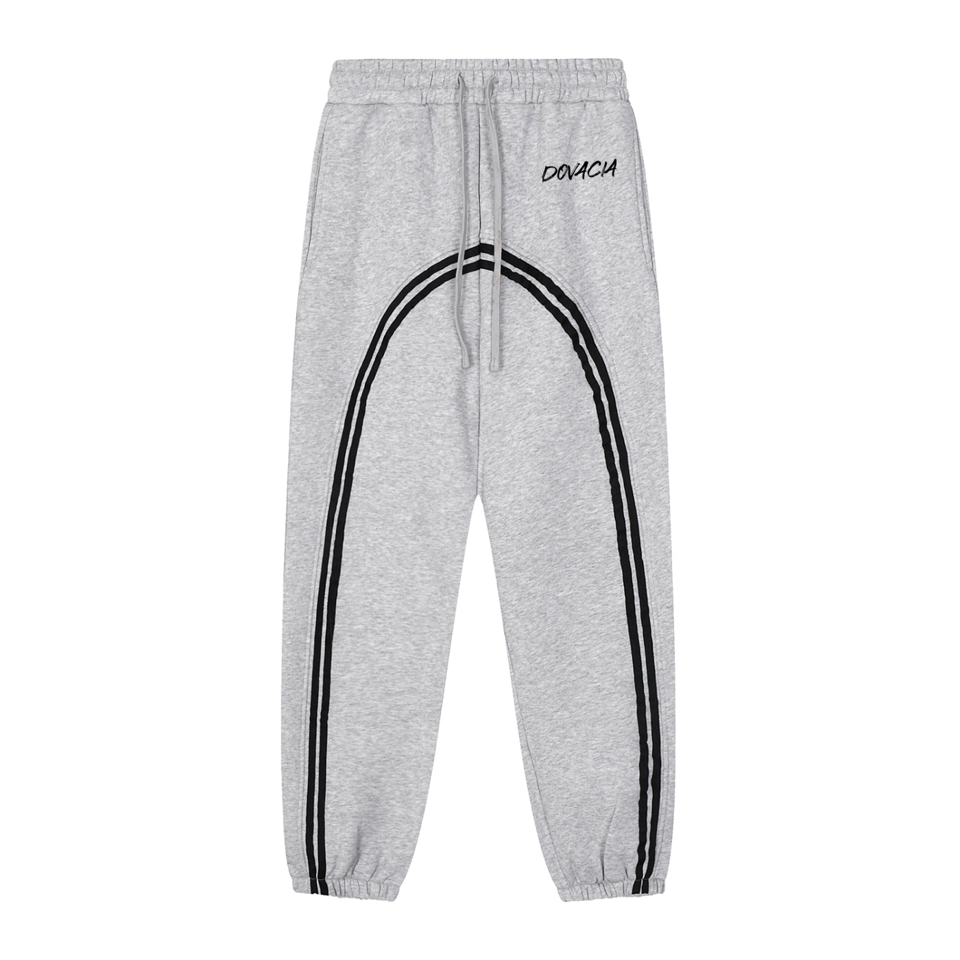 Gray sweatpants with black stripes and 'DOVICH' branding on a white background