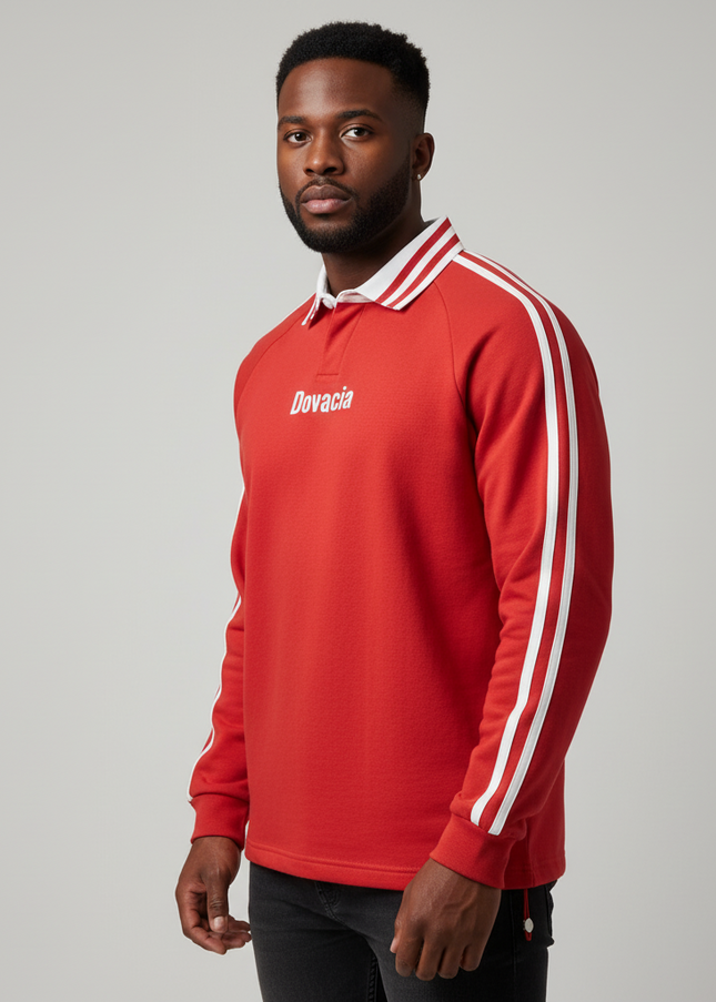 Man wearing a red long-sleeve shirt with white stripes and 'Dovacca' branding on a gray background