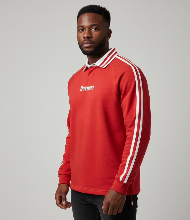 Man wearing a red long-sleeve shirt with white stripes and 'Dovacca' branding on a gray background