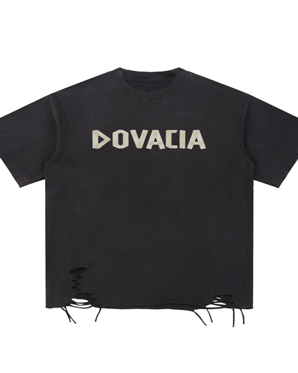 Black t-shirt with 'DOVACIA' logo on a white background