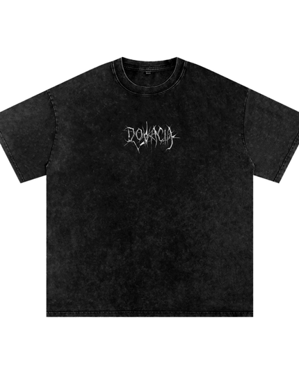 Black t-shirt with white text on a white background