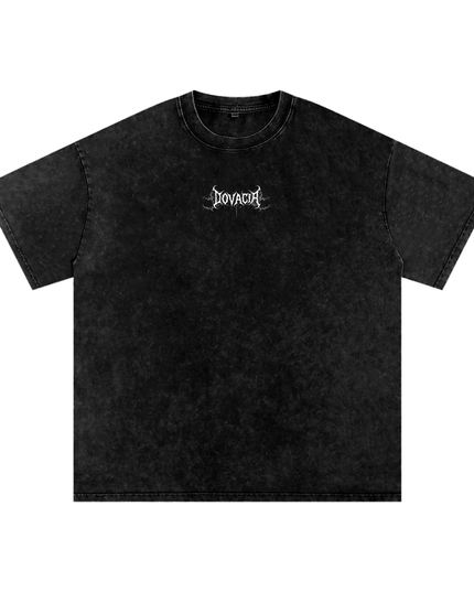Black t-shirt with a logo on a white background