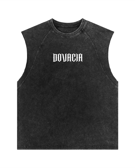 Black sleeveless shirt with 'DOVACIA' logo on a white background