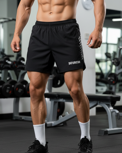 Person wearing black athletic shorts with 'BOVACHA' branding in a gym setting.