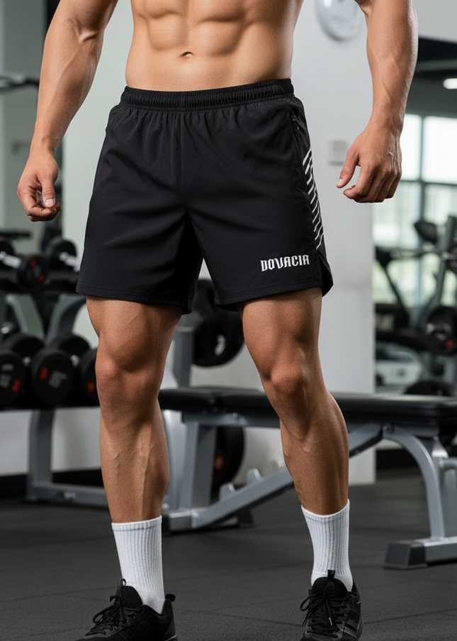Person wearing black athletic shorts with 'BOVACHA' branding in a gym setting.