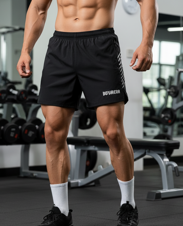 Person wearing black athletic shorts with 'BOVACHA' branding in a gym setting.