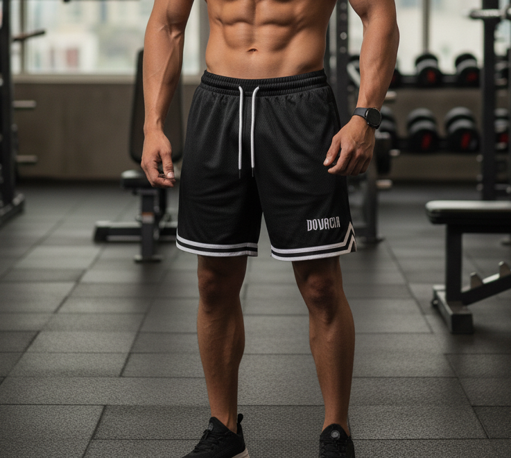 Man wearing black shorts with a brand logo in a gym setting