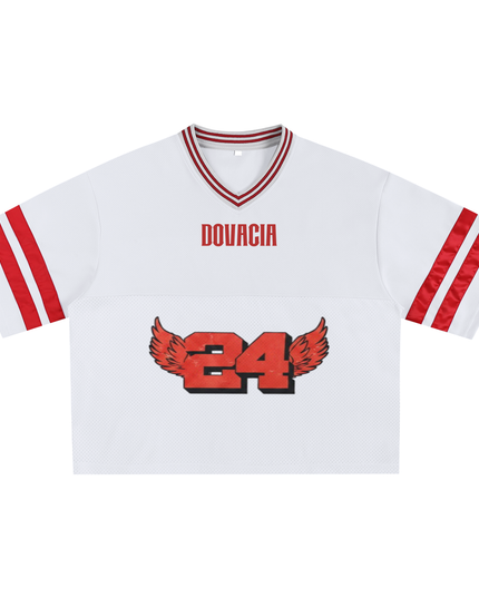 White sports jersey with red accents and 'Dourcia' branding on a white background