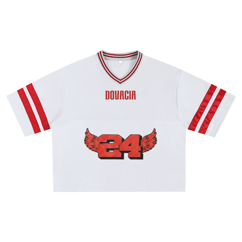 White sports jersey with red accents and 'Dourcia' branding on a white background