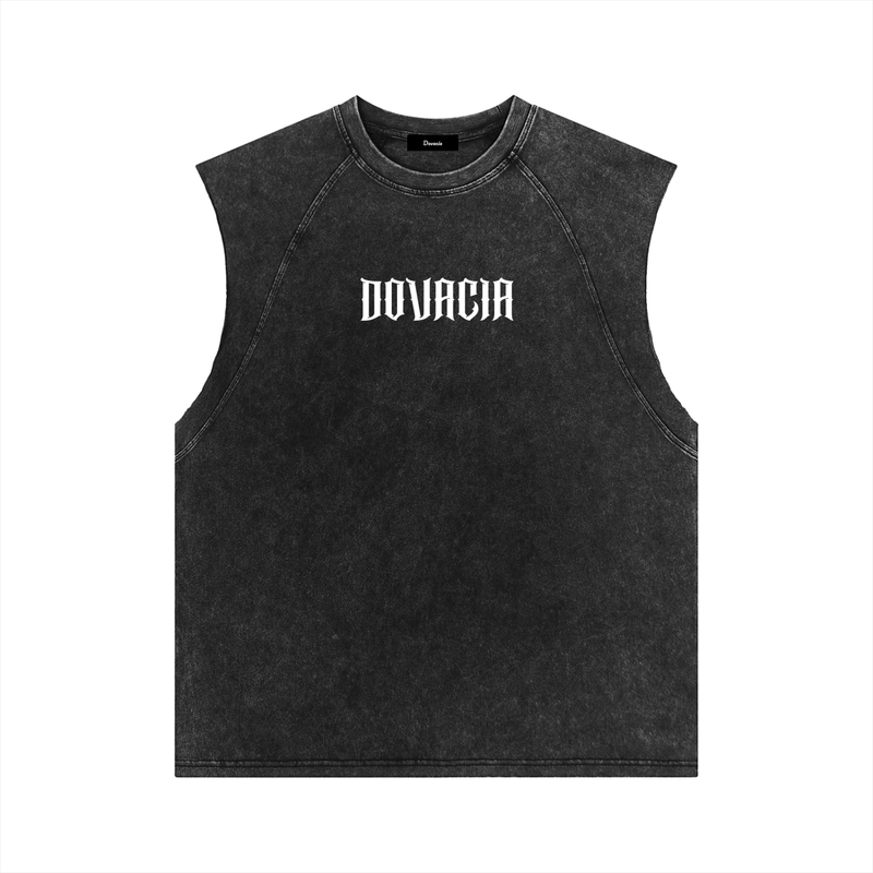 Black sleeveless shirt with 'DOVACIA' logo on a white background