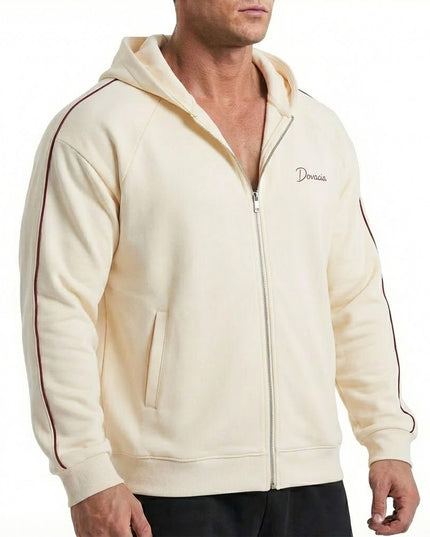 Beige hoodie with a brand logo on a white background