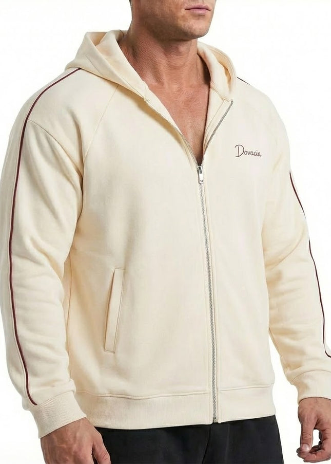 Beige hoodie with a brand logo on a white background