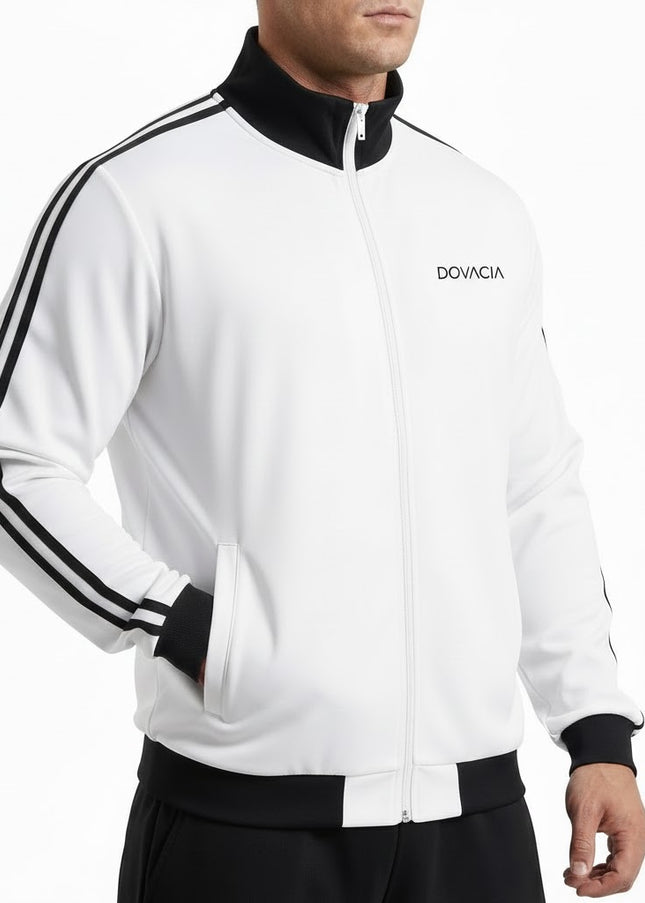 White tracksuit with black stripes and 'Dovacia' branding on a white background