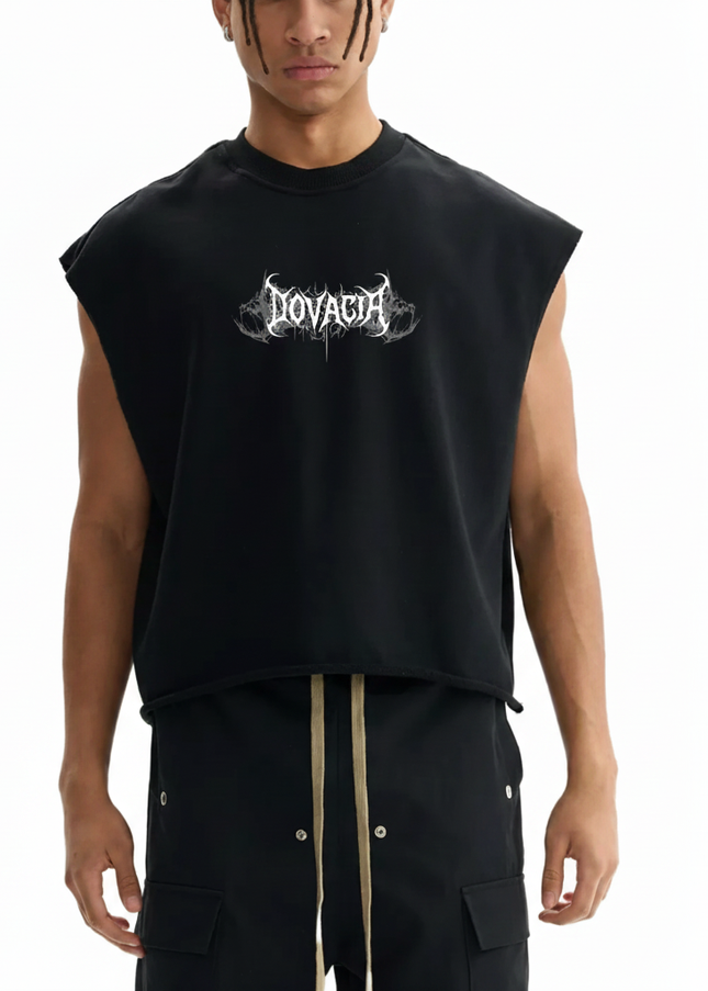 Person wearing a black sleeveless shirt with a logo on a white background