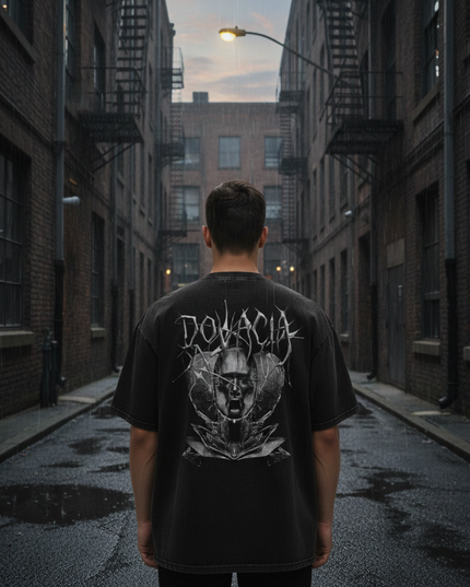 Person wearing a black t-shirt with a graphic design in an urban alleyway.