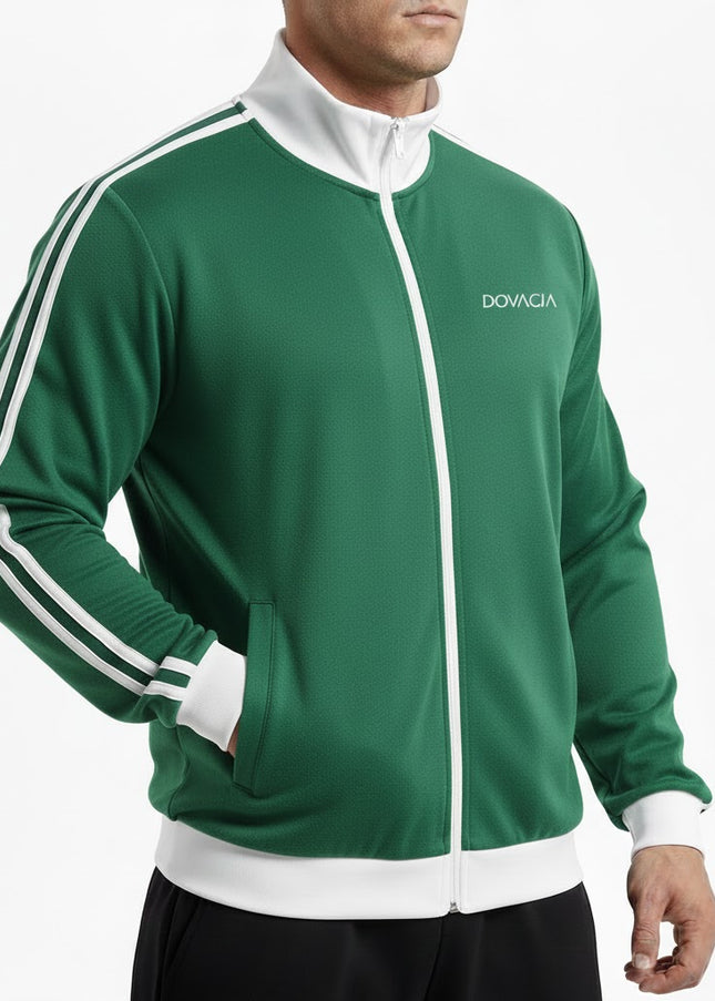 Green tracksuit with white stripes and 'Dovacia' branding on a white background