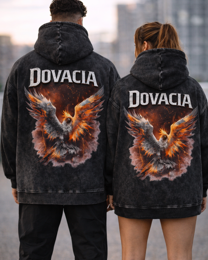 Two people wearing black hoodies with 'Dovacia' branding and eagle design on the back, standing outdoors.