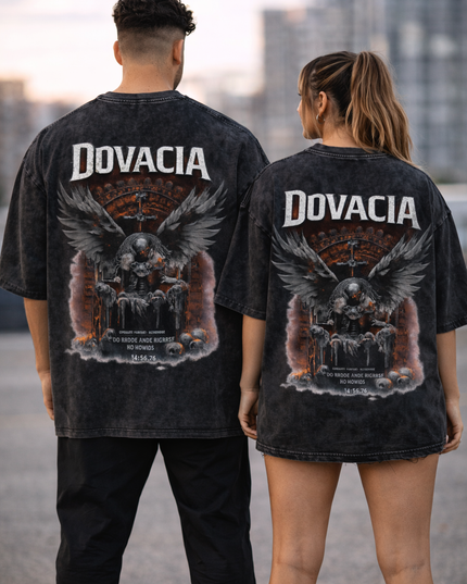 Two people wearing black t-shirts with 'DOVACIA' branding and an eagle design.