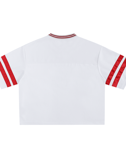 White baseball jersey with red accents on a white background