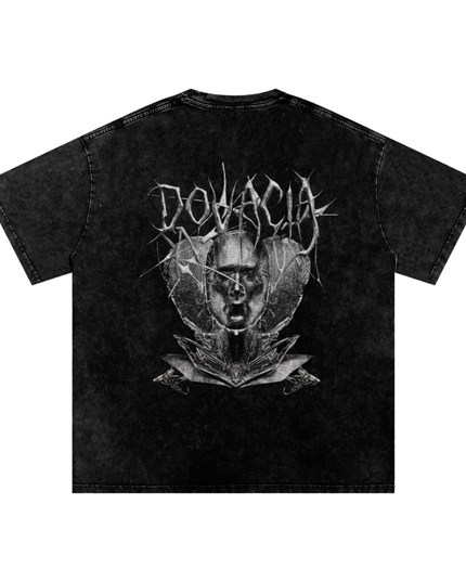 Black t-shirt with graphic design and text on a white background