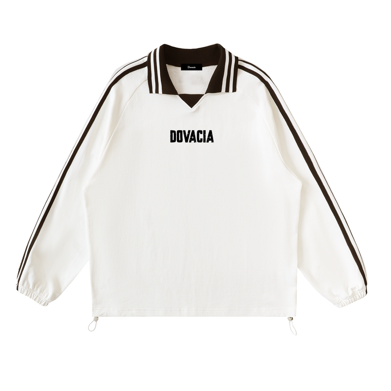 White jacket with black accents and 'DOVACIA' branding on a white background