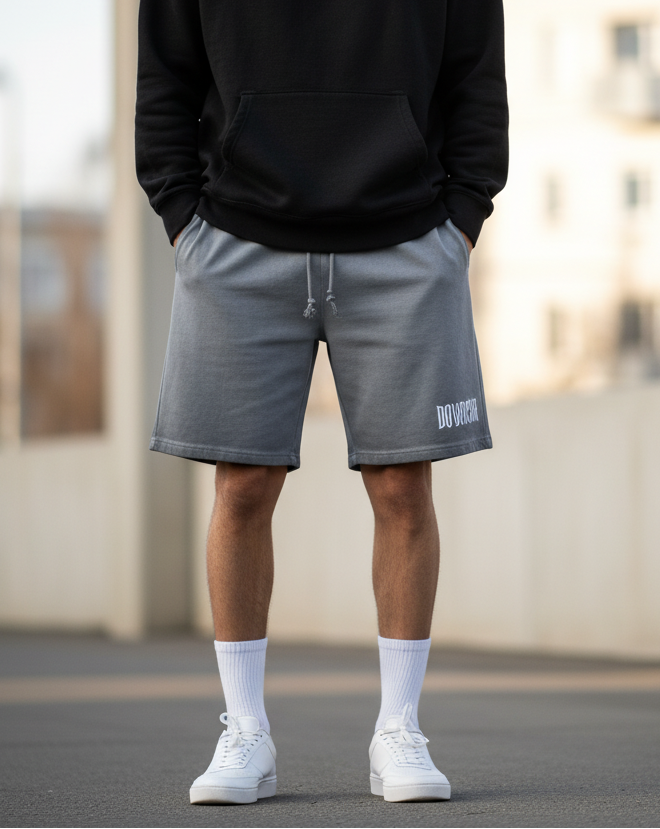 Person wearing a black hoodie and gray shorts with a blurred background