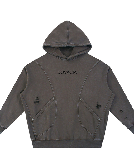 Snow Washed Distressed Panel Pocket Hoodie