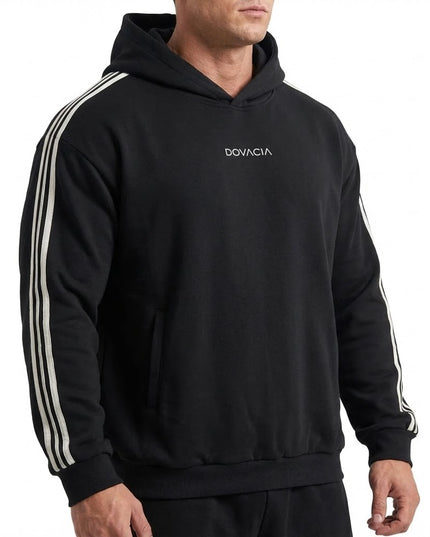 dovacia-black-Side Stripe Drop-Shoulder Hoodie