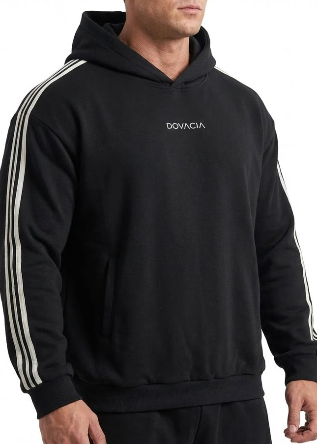 dovacia-black-Side Stripe Drop-Shoulder Hoodie