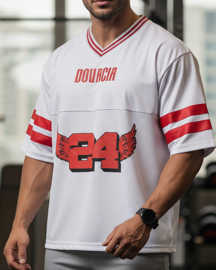 Person wearing a white sports jersey with red accents and 'DOUCIA' branding.