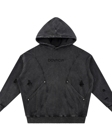 Snow Washed Distressed Panel Pocket Hoodie