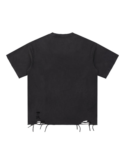 Black t-shirt with distressed details on a white background