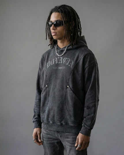 Snow Washed Distressed Panel Pocket Hoodie