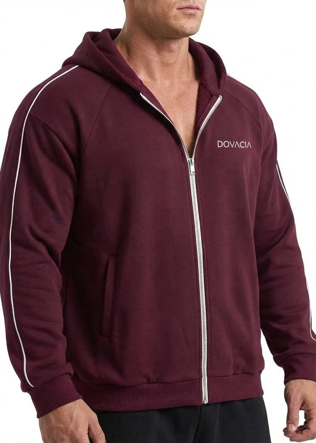 Maroon hoodie with white zipper and branding on a white background