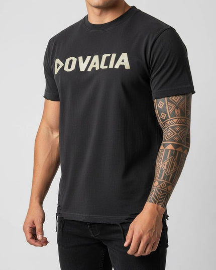 Person wearing a black t-shirt with 'DOVACIA' logo on a gray background