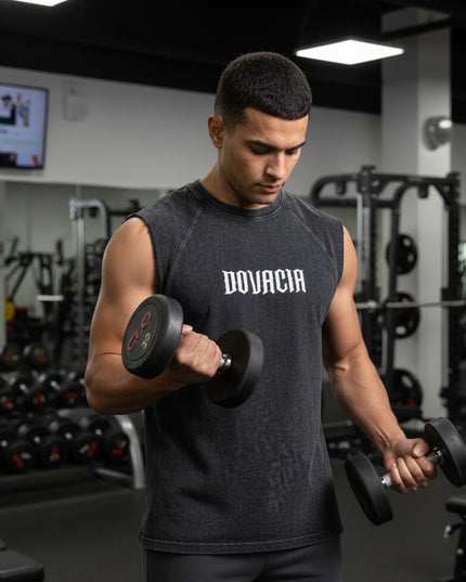 Man lifting dumbbells in a gym wearing a black sleeveless shirt with 'DOVACIA' branding.